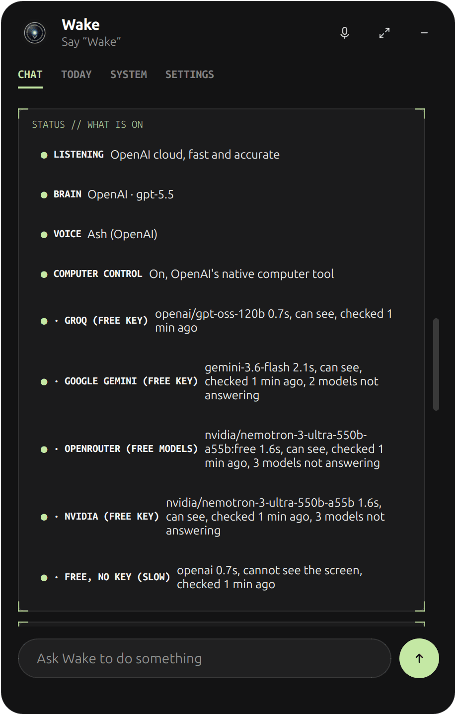 The Settings status card listing providers with measured response times